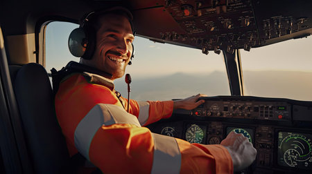 Small aircraft pilot at the controls of an aircraftの素材