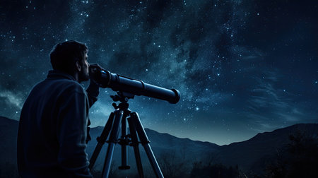 Space explorer looking through telescopeの素材