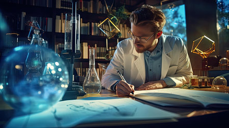 Scientific researcher at work tableの素材