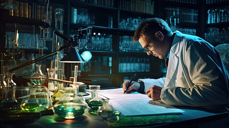 Scientific researcher at work tableの素材