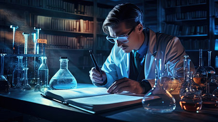 Scientific researcher at work tableの素材