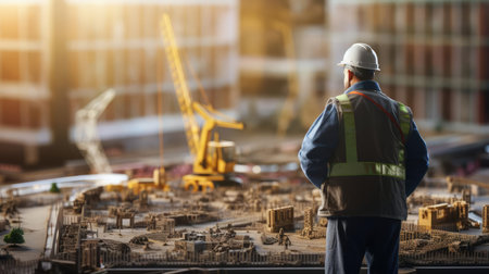 Construction worker in helmet at construction siteの素材