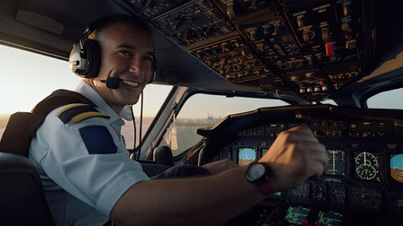 Small aircraft pilot at the controls of an aircraftの素材