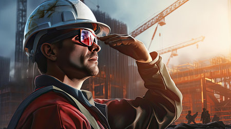 Construction worker in helmet at construction siteの素材