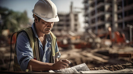 Construction worker in helmet at construction siteの素材