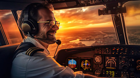 Small aircraft pilot at the controls of an aircraftの素材