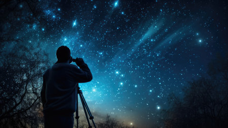 Space explorer looking through telescopeの素材