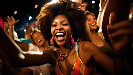 Young joyful woman with loose hair outdoors dancing with peopleの素材