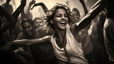 Young joyful woman with loose hair outdoors dancing with peopleの素材