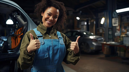 Young beautiful woman in mechanic costume in auto repair shopの素材