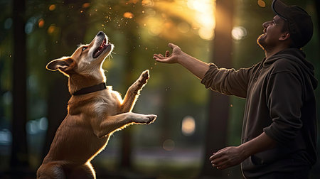 Dog in the park jumping for a toyの素材
