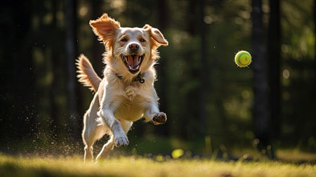 Dog in the park jumping for a toyの素材