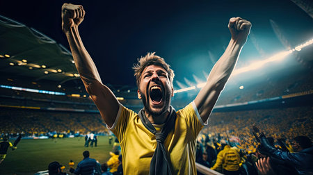 Happy man raising his hands in the air at a football gameの素材