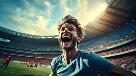 Happy man raising his hands in the air at a football gameの素材