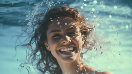 Young happy woman swimming in the waterの素材