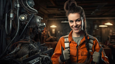 Young beautiful woman in mechanic costume in auto repair shopの素材