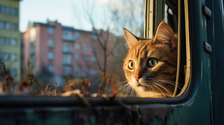 Cat looking out the window at the streetの素材