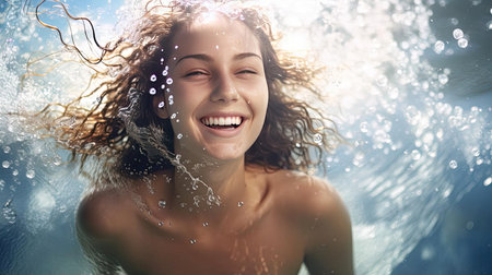 Young happy woman swimming in the waterの素材