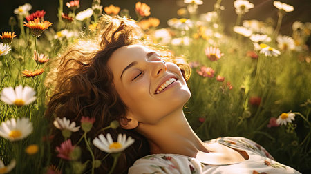 Happy young woman lying on a meadow among flowersの素材