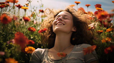 Happy young woman lying on a meadow among flowersの素材