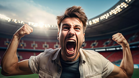 Happy man raising his hands in the air at a football gameの素材
