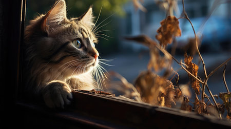 Cat looking out the window at the streetの素材