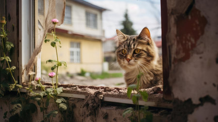 Cat looking out the window at the streetの素材