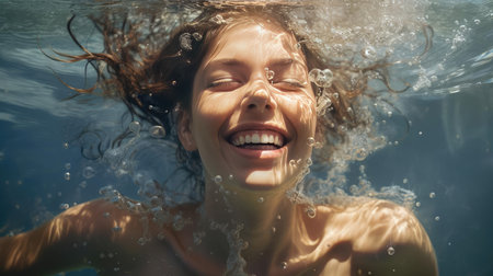 Young happy woman swimming in the waterの素材