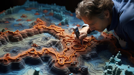 Geographer exploring the terrain on the modelの素材