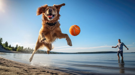 Dog in the park jumping for a toyの素材
