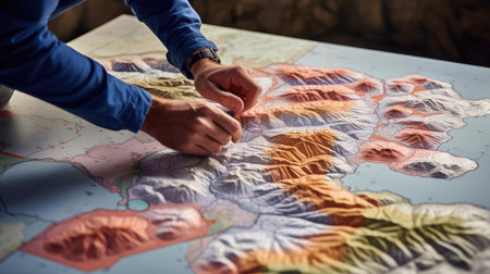 Geographer exploring the terrain on the modelの素材