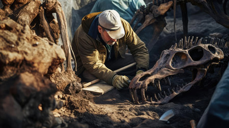 Archaeologist excavates dinosaur remainsの素材