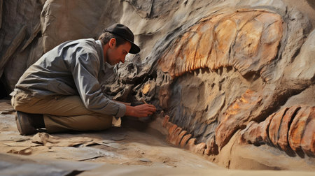 Archaeologist excavates dinosaur remainsの素材