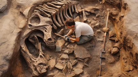 Archaeologist excavates dinosaur remainsの素材