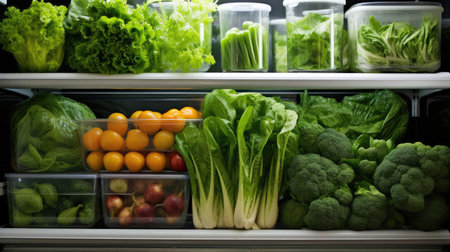Lots of green food on the shelves of the fridgeの素材
