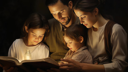 Family with children reading a bookの素材