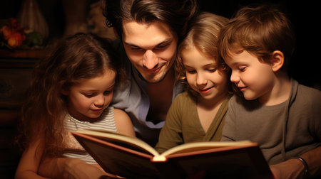 Family with children reading a bookの素材