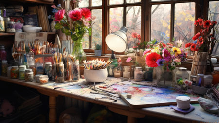Artists table with brushes and paintsの素材