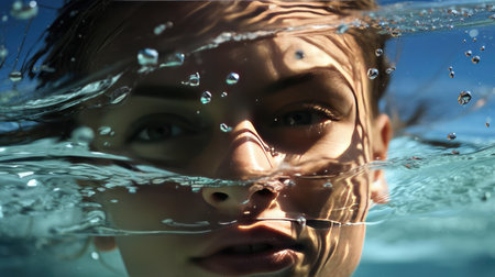 Activities in the pool. A man swims in a swimming poolの素材