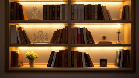 Bookcase with books and lightsの素材