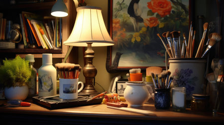 Artists table with brushes and paintsの素材