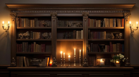 Bookcase with books and lightsの素材