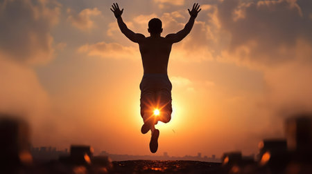 Morning exercise outdoors at dawnの素材