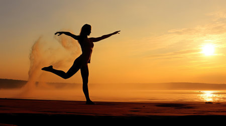 Morning exercise outdoors at dawnの素材