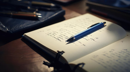 Notebook with pen on tableの素材