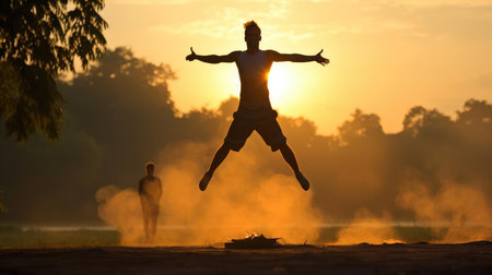 Morning exercise outdoors at dawnの素材