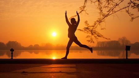 Morning exercise outdoors at dawnの素材