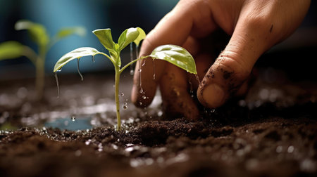 Hands of a man planting a plant in the groundの素材