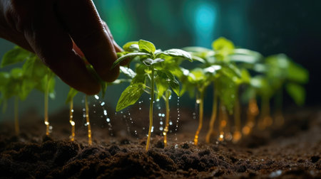 Hands of a man planting a plant in the groundの素材