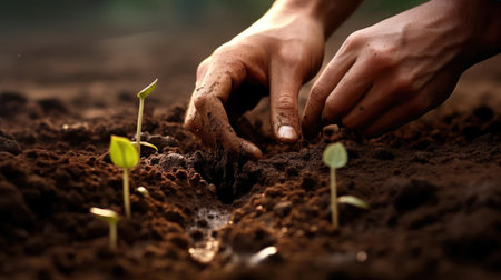 Hands of a man planting a plant in the groundの素材